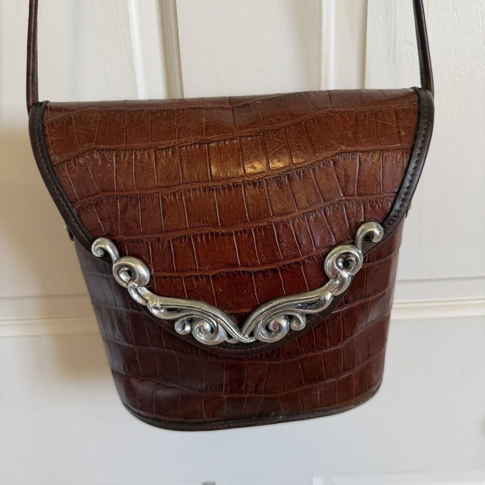 Vintage Brighton Leather Handbag Brown Silver Scroll Shoulder Crossbody Purse Y2
